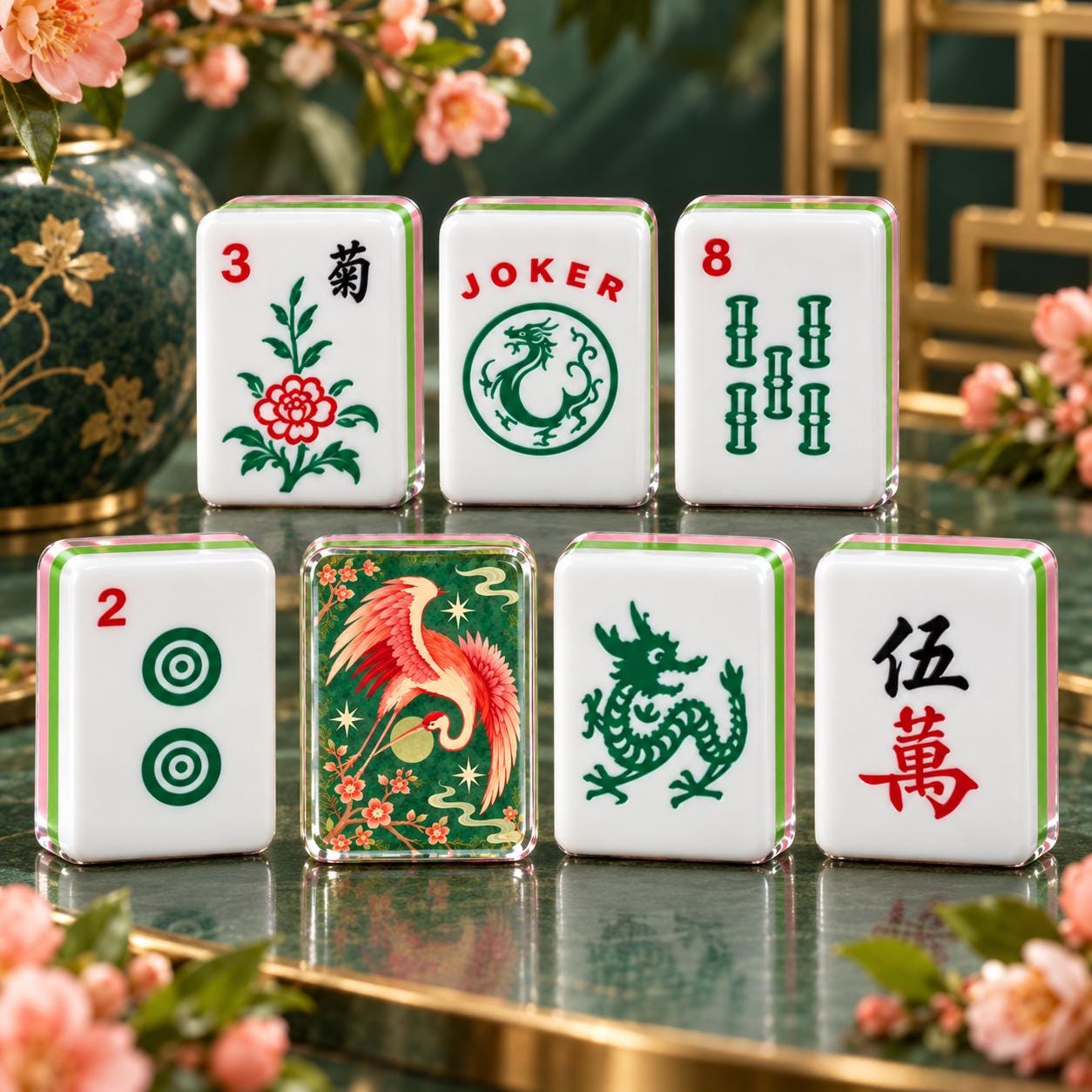 Crane Cherry Blossom Mahjong Tiles, Pink Green Chinoiserie 4-Layer American Mahjong Set, Mahjong Gift for Her - 3