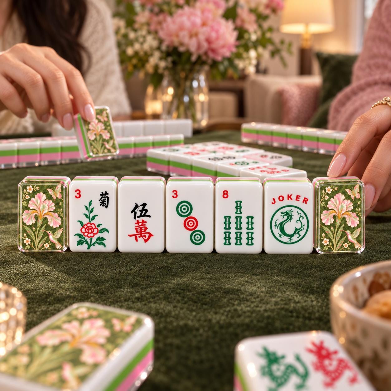 Green Floral Mahjong Tiles, Pink Green Iris Hummingbird Mahjong Set, 4-Layer Acrylic Mahjong Tiles, Mahjong Gift for Her