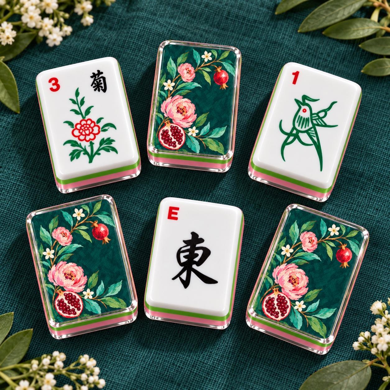 Pomegranate Floral 4-Layer Mahjong Tiles, Fall Botanical American Mahjong Set, Pink Green Acrylic Mahjong Tiles, Mahjong