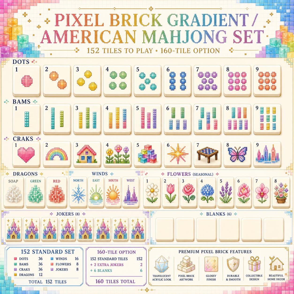 Pixel Art American Mahjong Tiles Set,Mint Green Back,Gradient Pixel Design,Cross-Stitch Style Game Tile,Retro Gaming Gif