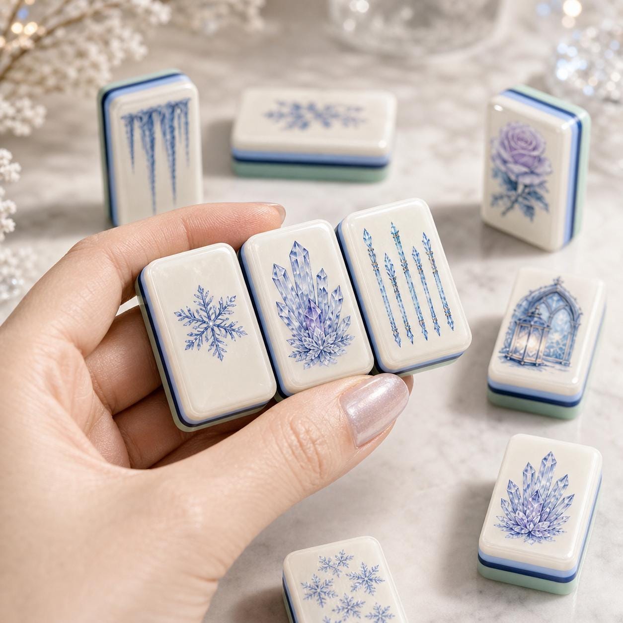 Snow Magic Winter Mahjong Set, American Style Ice Crystal Tiles, Frozen Aurora Geode Rose Castle Art, Holiday Game Night