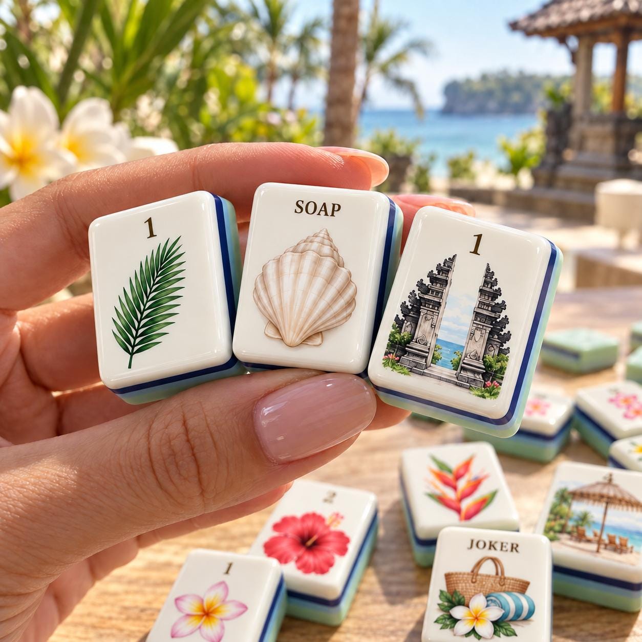 Bali American Mahjong Tiles, Tropical Resort & Retreat Set, Wellness Retreat Vacation Tiles, Plumeria Shell Temple Art -