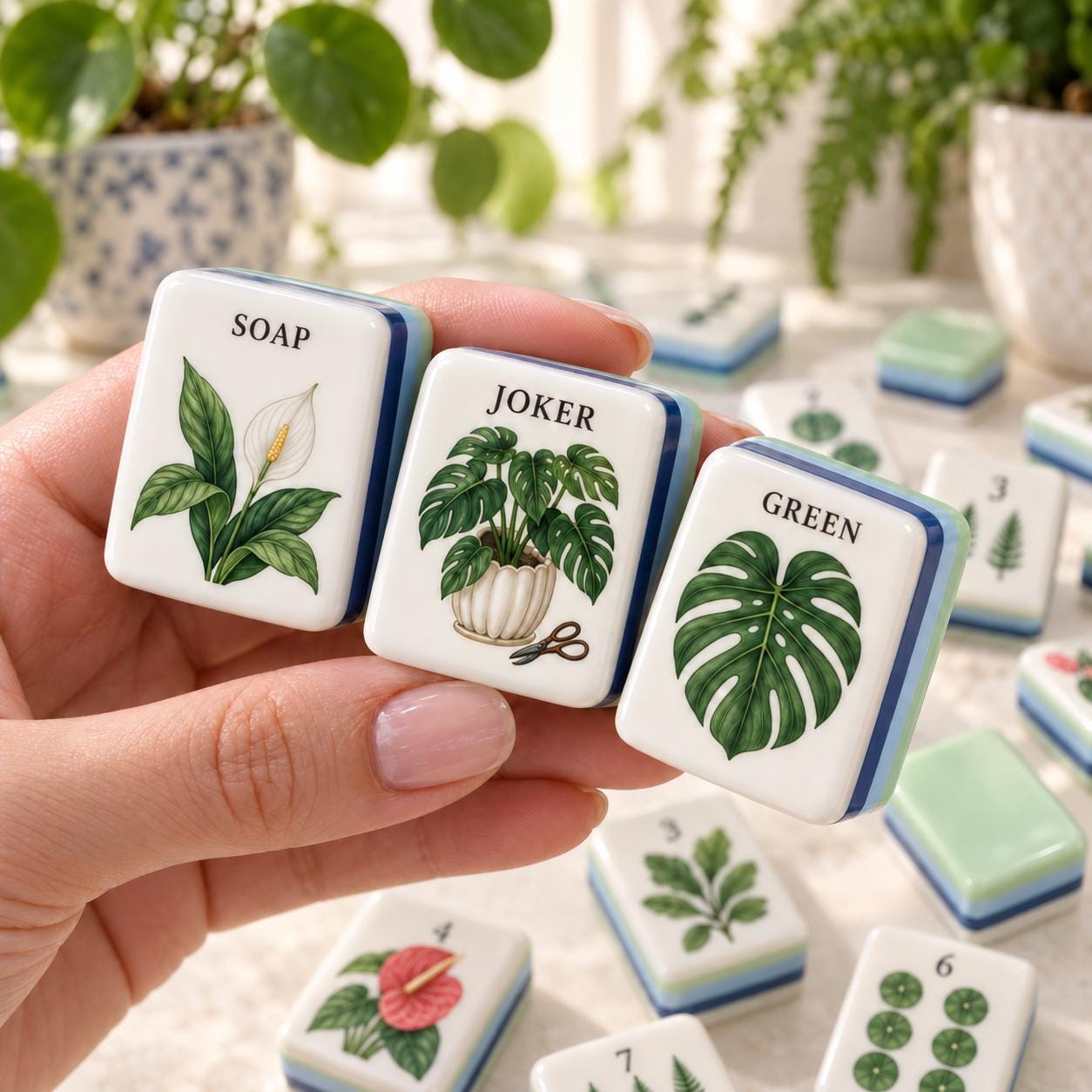 Botanical Workshop American Mahjong, Travel Mahjong Set with Potted Plant Pattern, Plant Lover Gift, Monstera Anthurium
