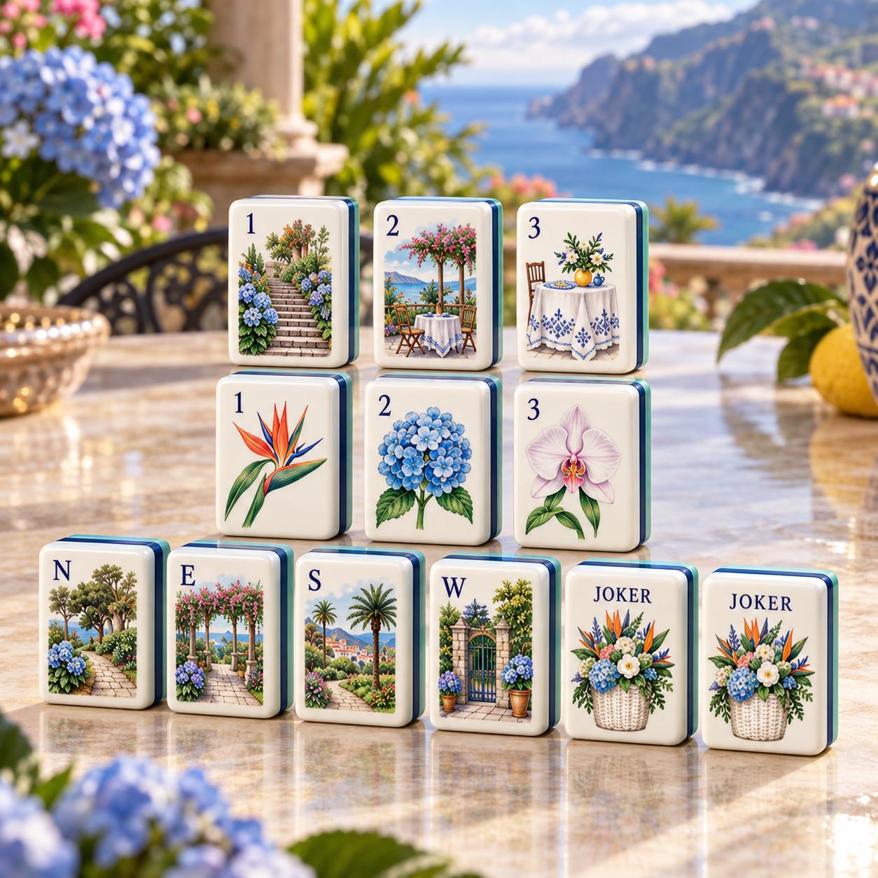 Amalfi Coast American Mahjong Set, Mediterranean Seaside Terrace Tiles, Hydrangea Bird of Paradise, Coastal Vacation Gif