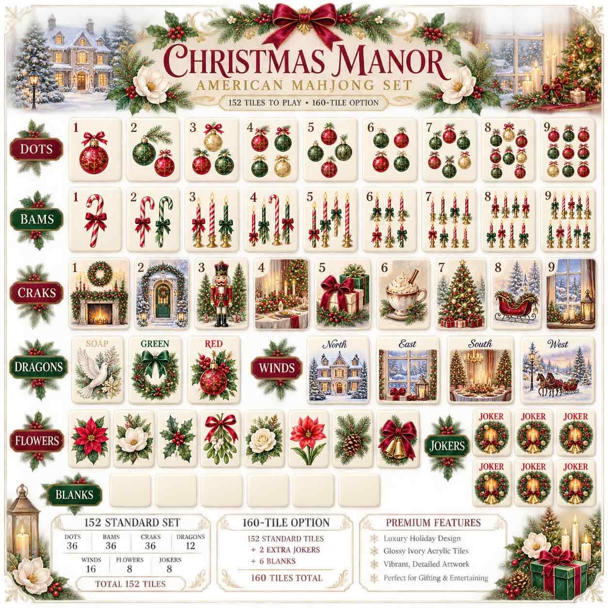 Christmas Holiday American Mahjong Tiles Set,Red Back Travel Mahjong, Holiday Poinsettia Wreath Dove Design,Festive Game