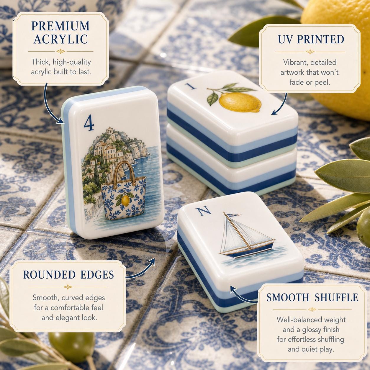 Amalfi Lemon Resort Mahjong Set, American Style Tiles with Lemon, Lemon & Olive Mahjong , Elegant Coastal , Limoncello C