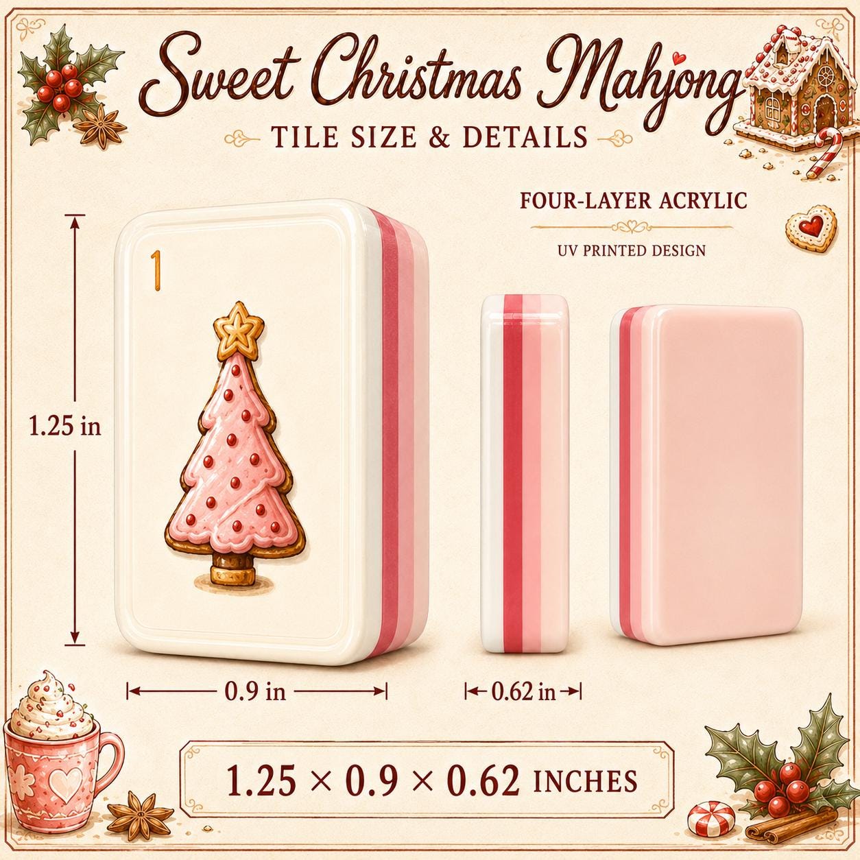 Cute Christmas Acrylic American Mahjong Set, 160 Tile Holiday Mahjong Tiles, Sweet Dessert Theme with Gingerbread & Sant