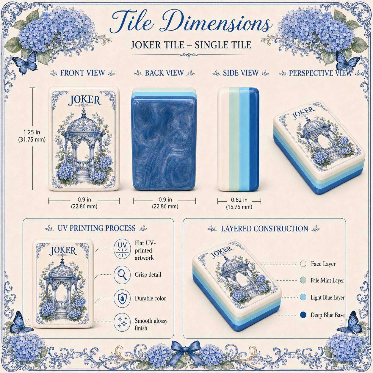 Hydrangea Acrylic American Mahjong Set, 160 Tile Blue & White Floral Mahjong Tiles,Porcelain Inspired Butterfly Design,U