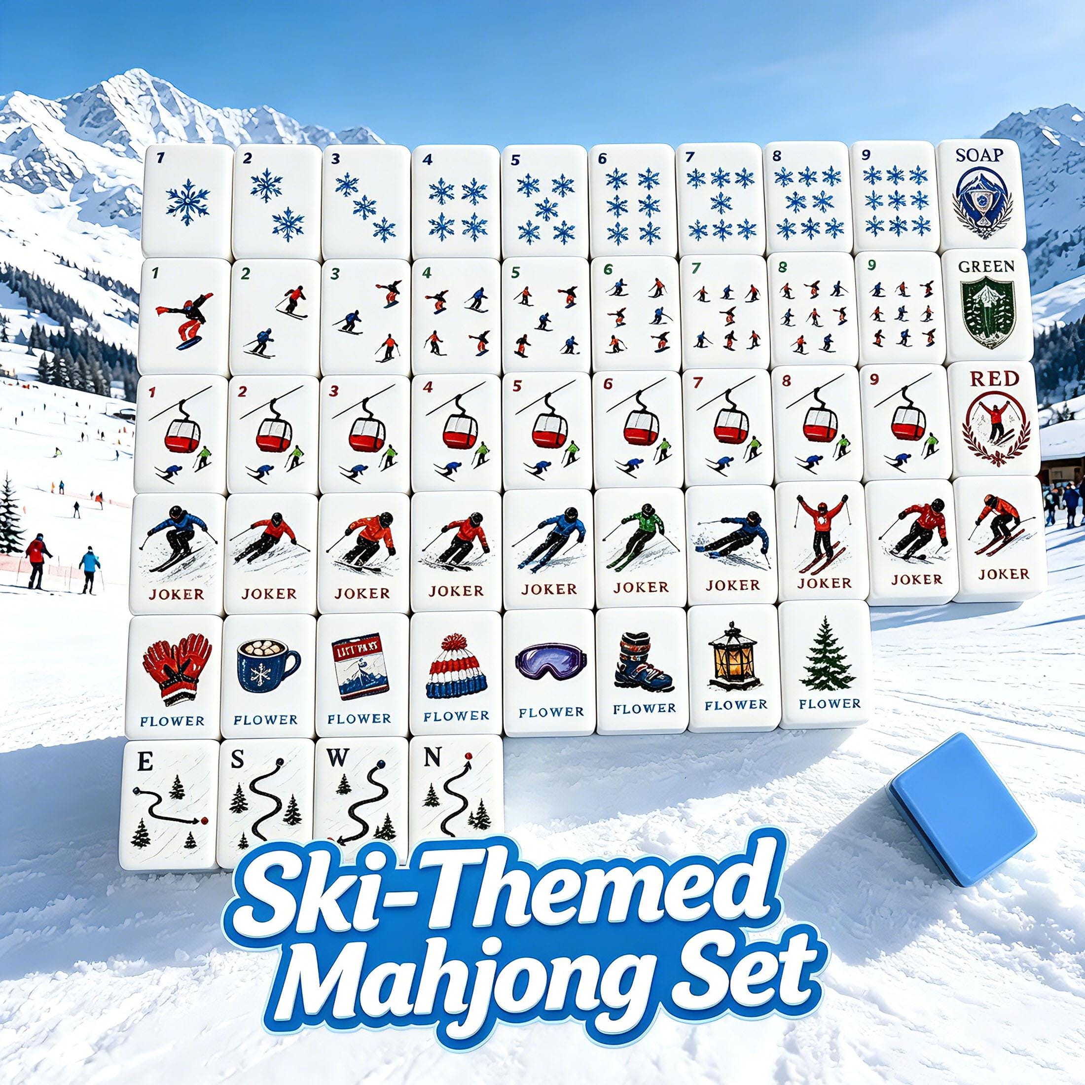 Ski Mahjong Set, Custom Winter Ski Mahjong Tiles, Gift for Skiers and Mahjong Lovers, UV Print 152 or 160 Tiles - 3