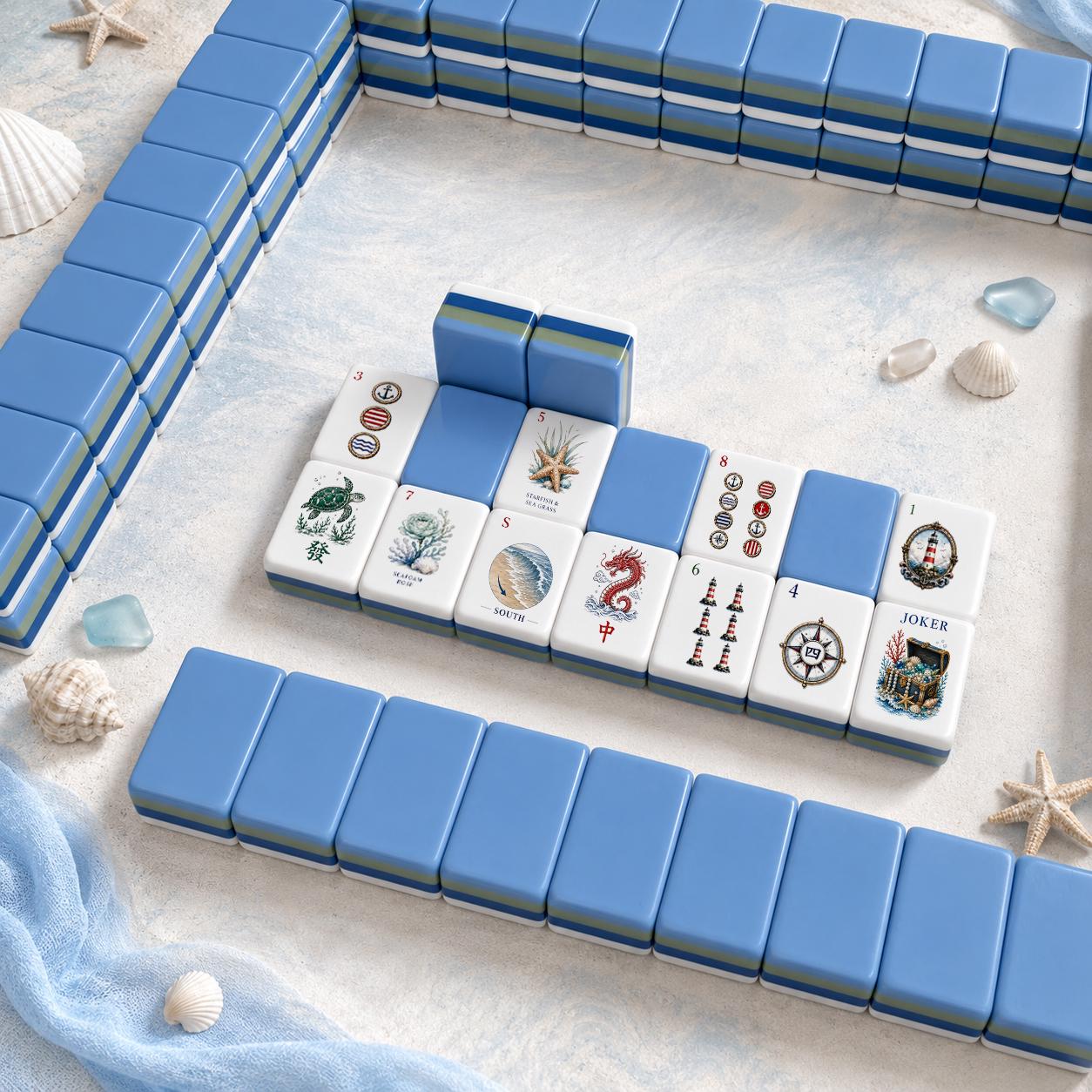Luxury Coastal American Mahjong Set 160 Tiles, Nautical Acrylic UV Printed Mahjong Game, Beach House Gift with Jokers, B