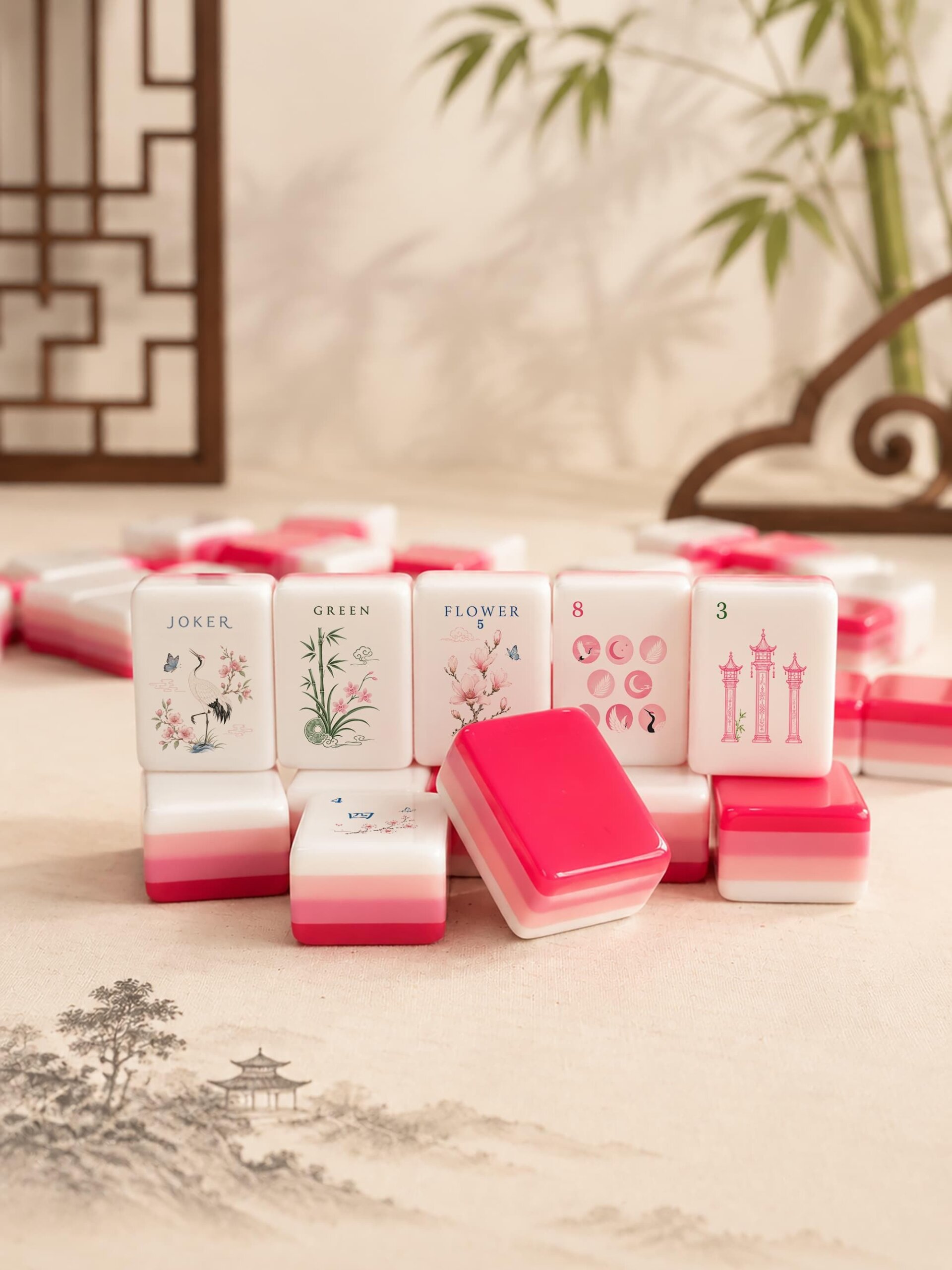 Pink Acrylic American Mahjong Set | UV Printed Floral Mahjong Tiles | 160 Tile Luxury Game Set | Gift for Mahjong Lovers