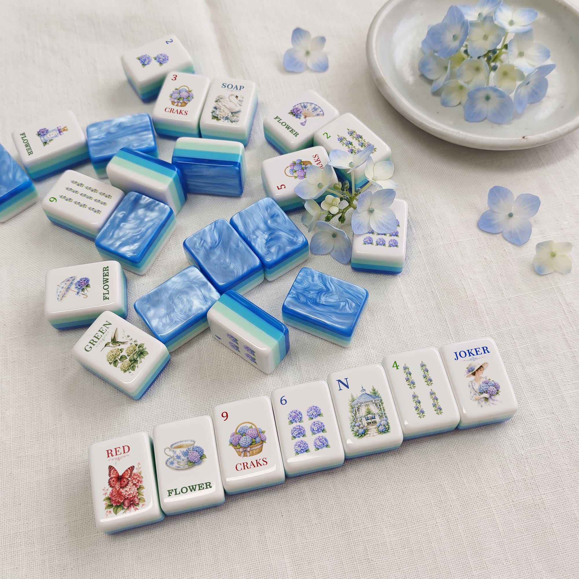 Hydrangea Garden American Mahjong Set, Blue Acrylic Mahjong Tiles, 152 /160 Tile Set With Jokers, Floral Mahjong, Gift f