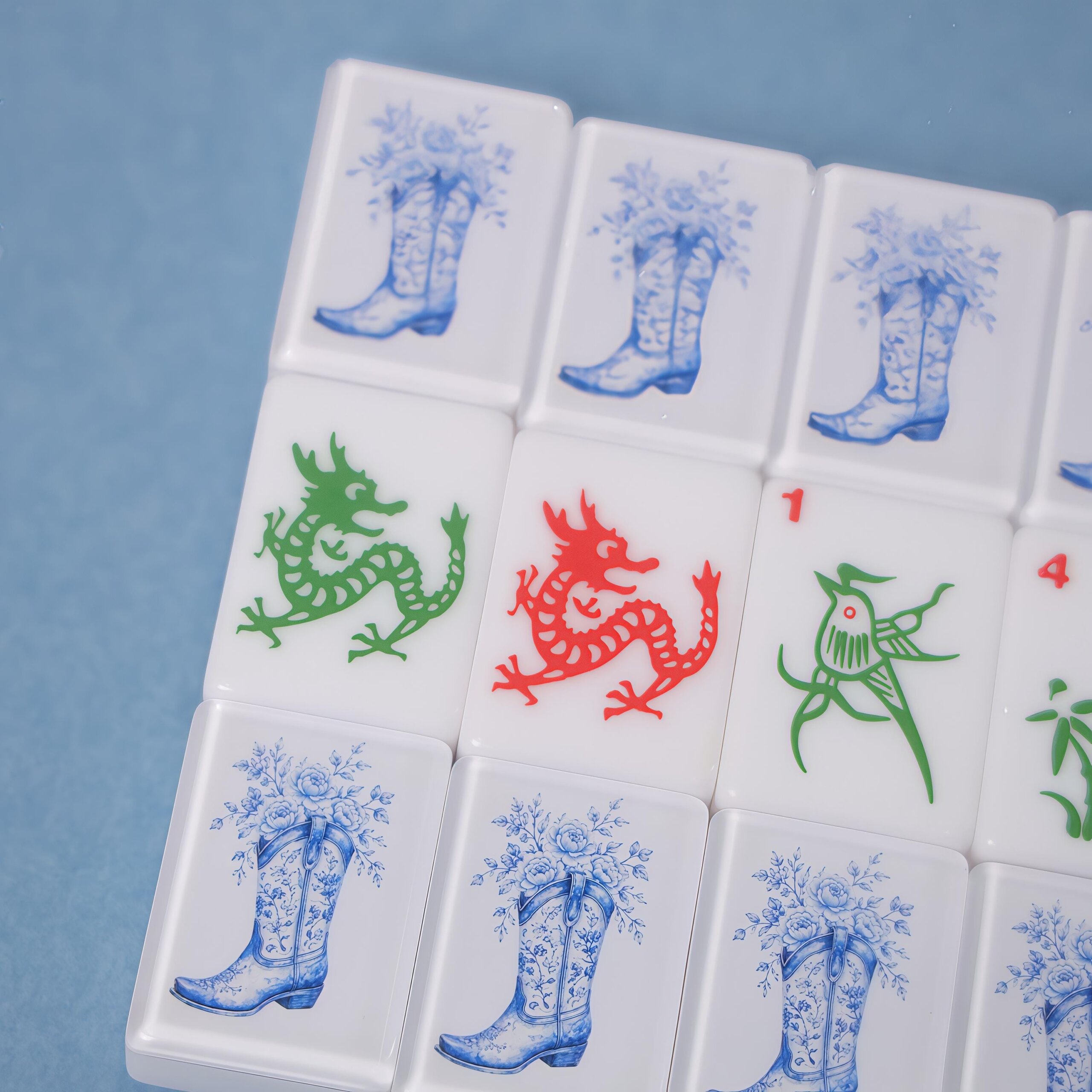 Blue Porcelain American Mahjong Set, Cowboy Boot Floral Tiles, Western 160 Tile Game Gift for Mahjong Players - 4
