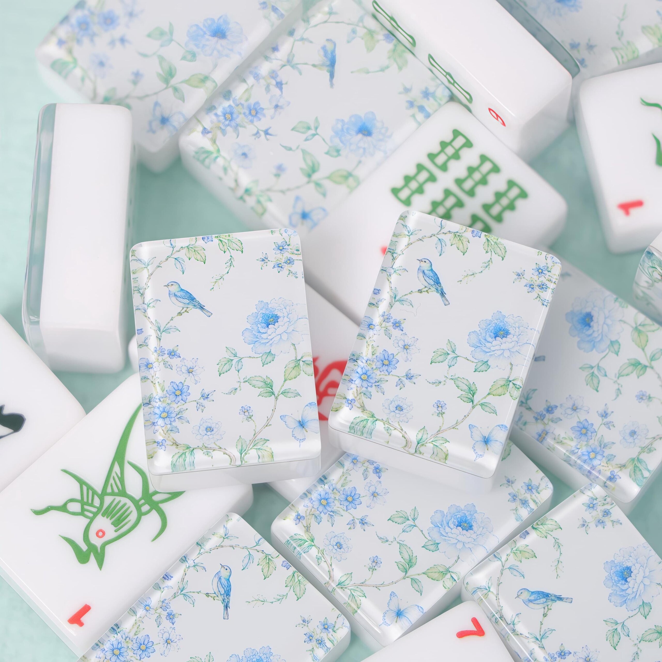 Blue Floral American Mahjong Set, Glossy Acrylic Tiles, Botanical Bird 160 Tile Game, Gift for Mahjong Lovers and Collec