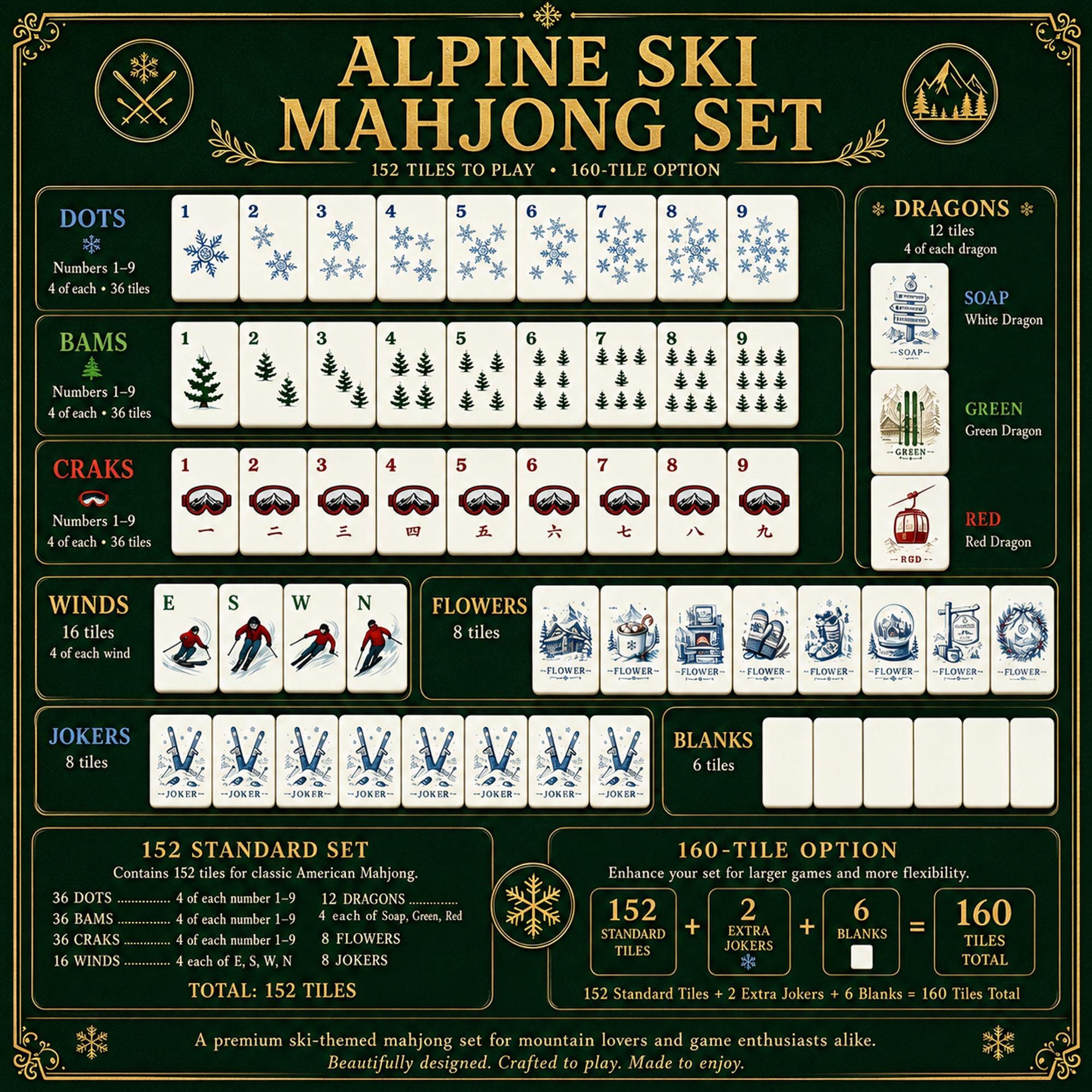 Ski Themed Mahjong Tile Set, 152 or 160 Tiles UV Print Mahjong Tiles, Gift for Ski Lovers - 4