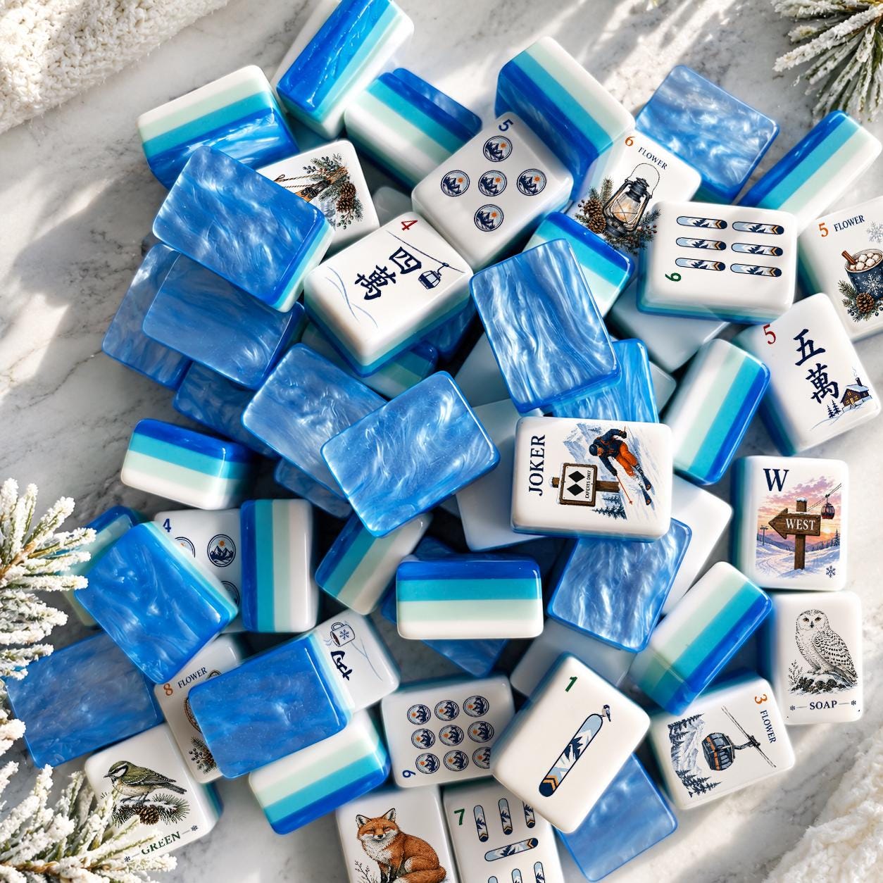 Alpine Ski American Mahjong Set, Winter Mountain Acrylic Mahjong Tiles, Blue Marble Back, Ski Lodge Gift, Luxury Gift fo
