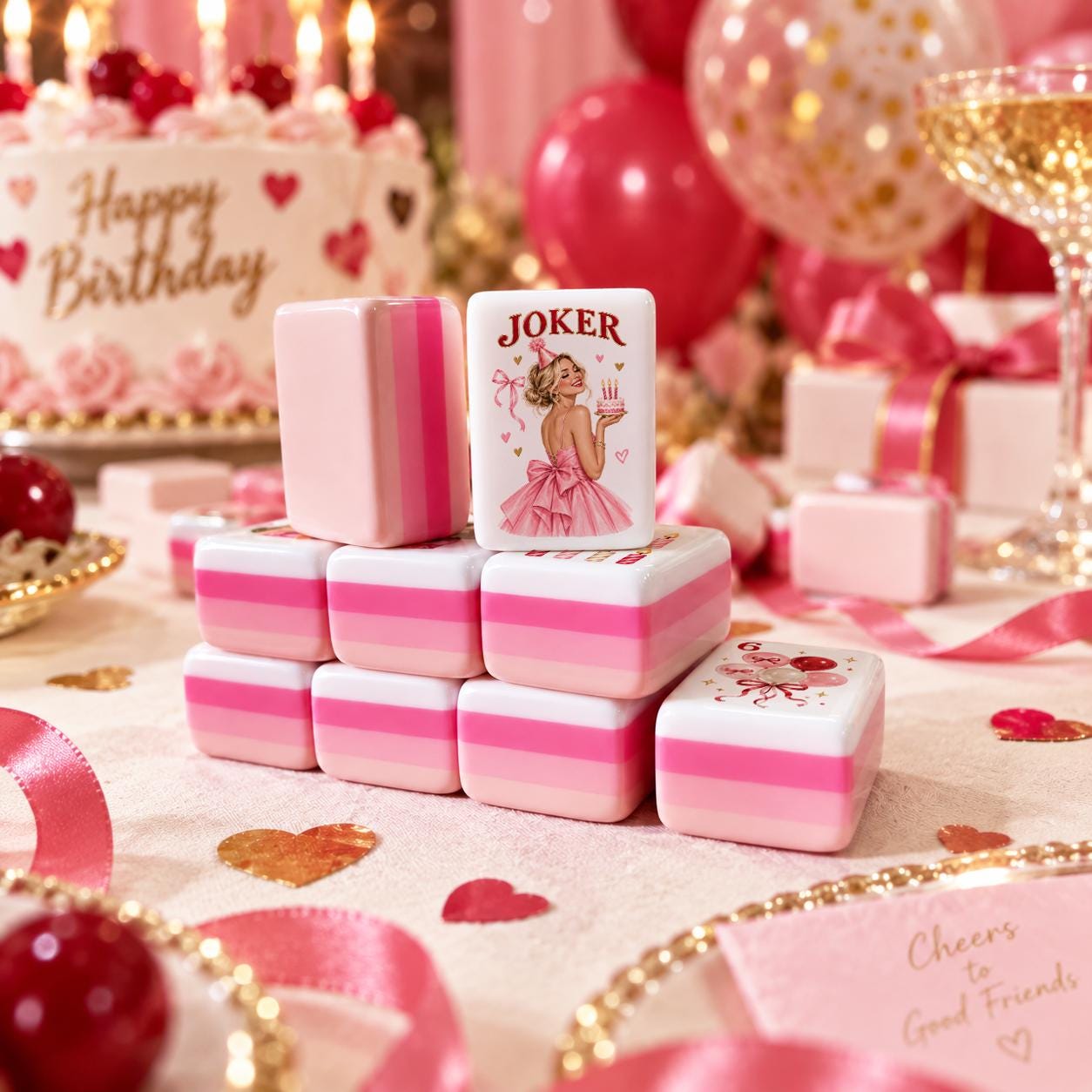 Birthday Party American Mahjong Set, Pink Mahjong Tiles, Girls Night Gift, Mahjong Birthday Gift, Custom Joker Tile, Mah