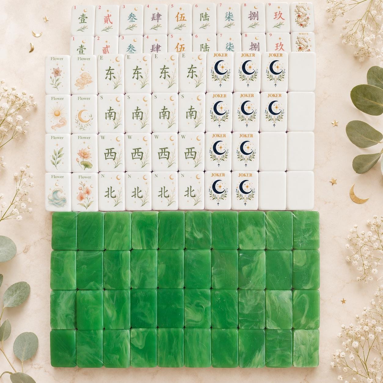 Celestial Mahjong Set, Moonlit Garden American Mahjong Tiles, Botanical Green Jade Mahjong, Game Night Gift for Her - 4