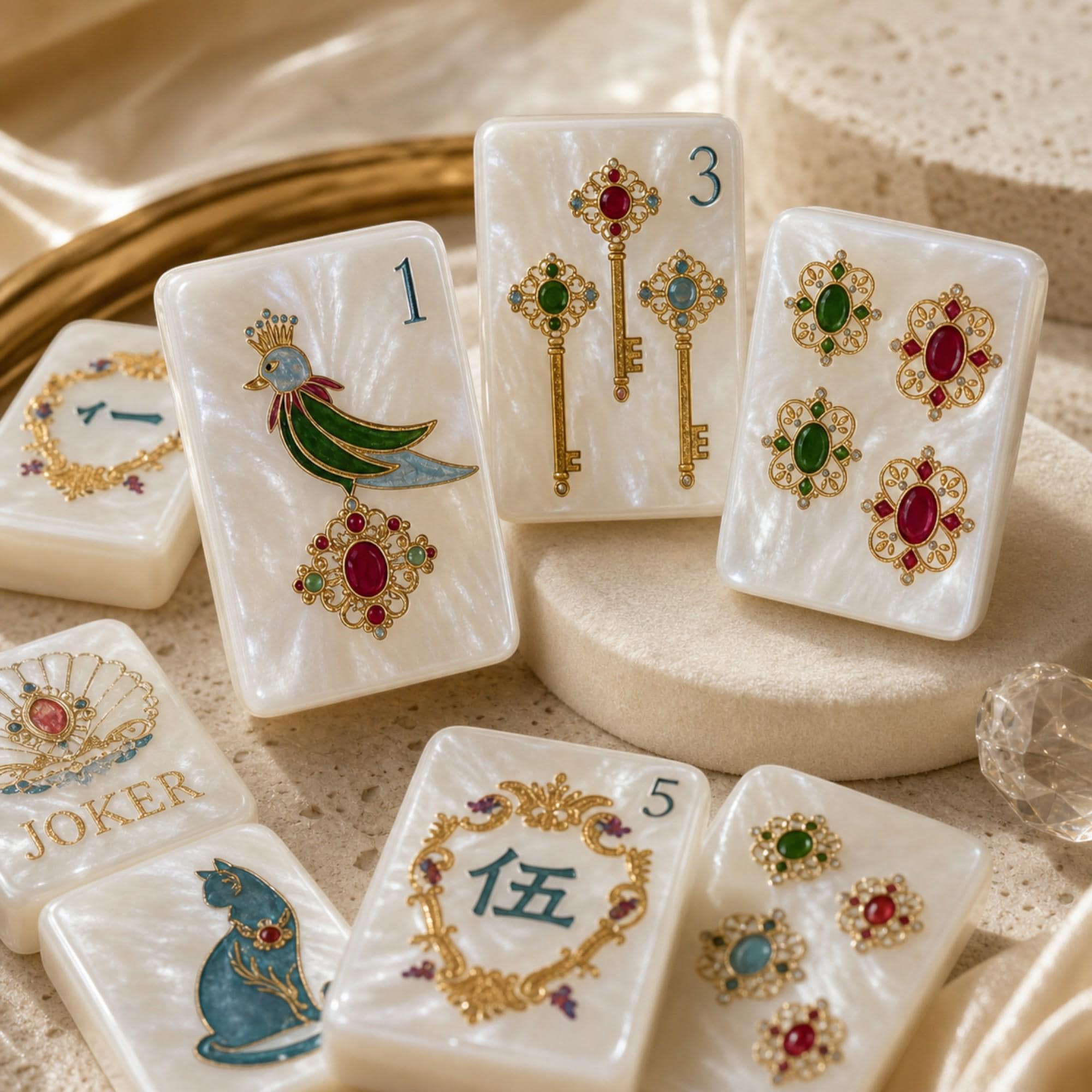 American Mahjong Set, 160 Pearlescent White Acrylic Tiles, Gold Filigree and Jewel-Inspired Designs - 4