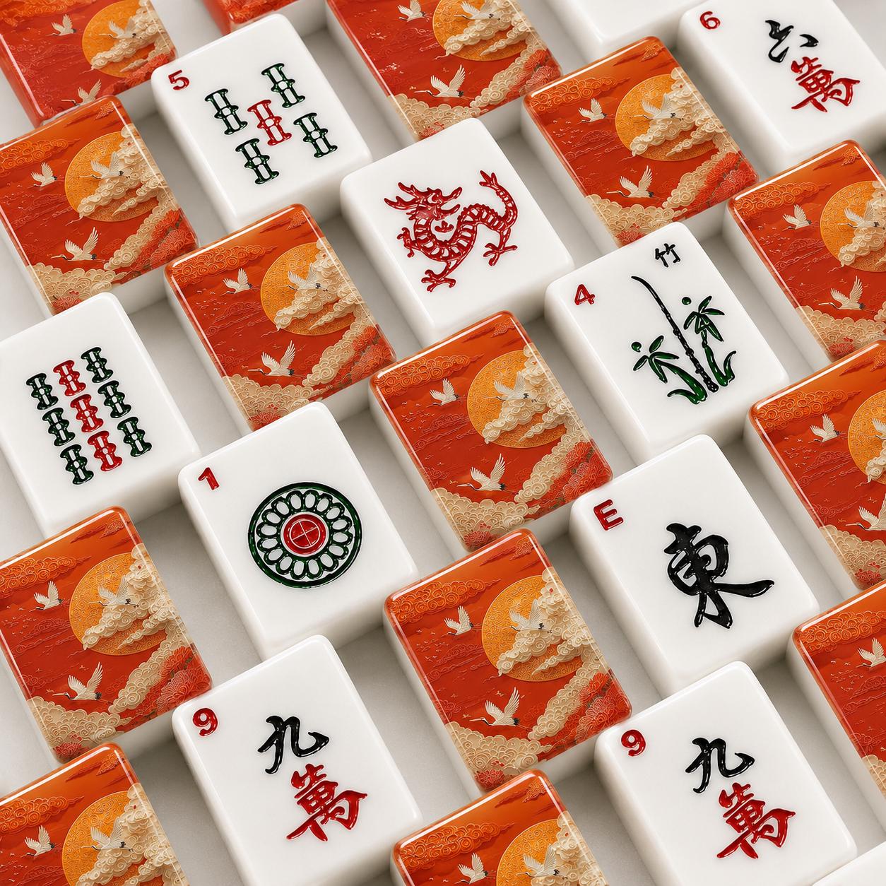 Luxury Red Crane Mahjong Tiles |1.4"x1.0"x0.6" American Mahjong Acrylic Tiles with Asian Art Backs | Luxe Mahjong Gift |
