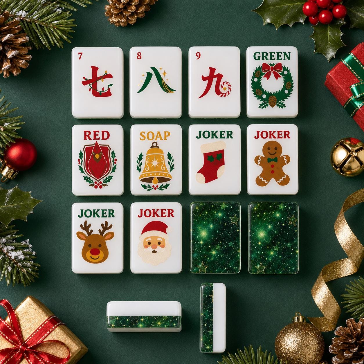 Christmas Mahjong Tiles Set, Green Glitter American Mahjong Tiles, Santa Reindeer Gingerbread Joker Tiles, Festive Holid