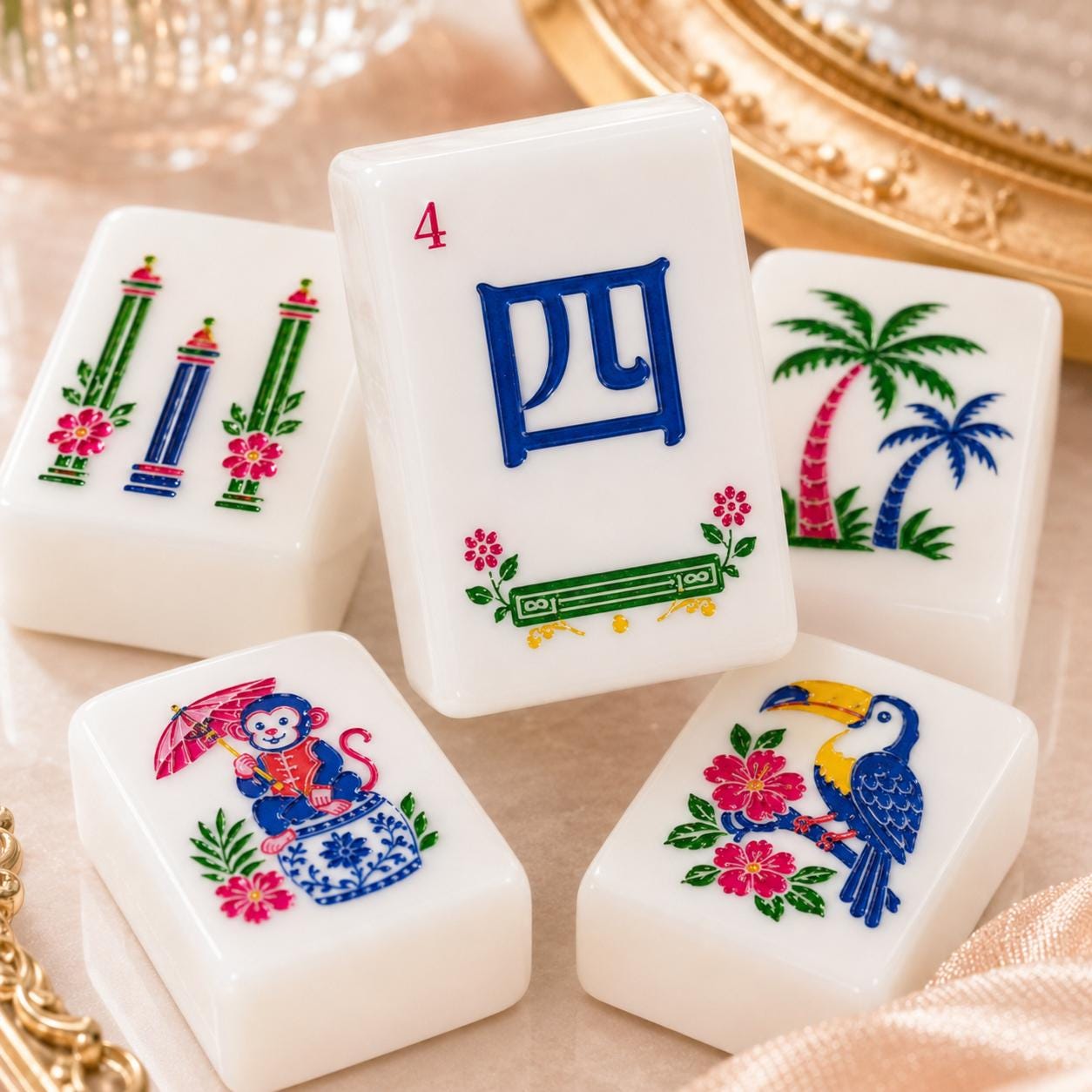Floral Humming Bird Mahjong Tiles, Blue Marble American Mahjong Set, Pink Parasol Floral Acrylic Tiles, Grandmillennial