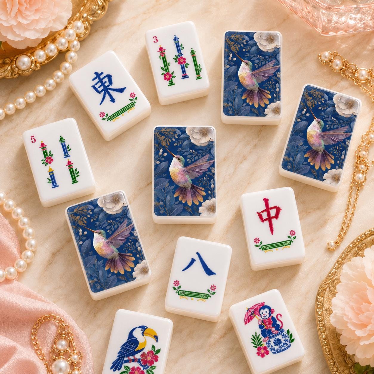 Humming Bird Mahjong Tiles, Blue Marble American Mahjong Set, Pink Parasol Floral Acrylic Tiles, Grandmillennial Mahjong