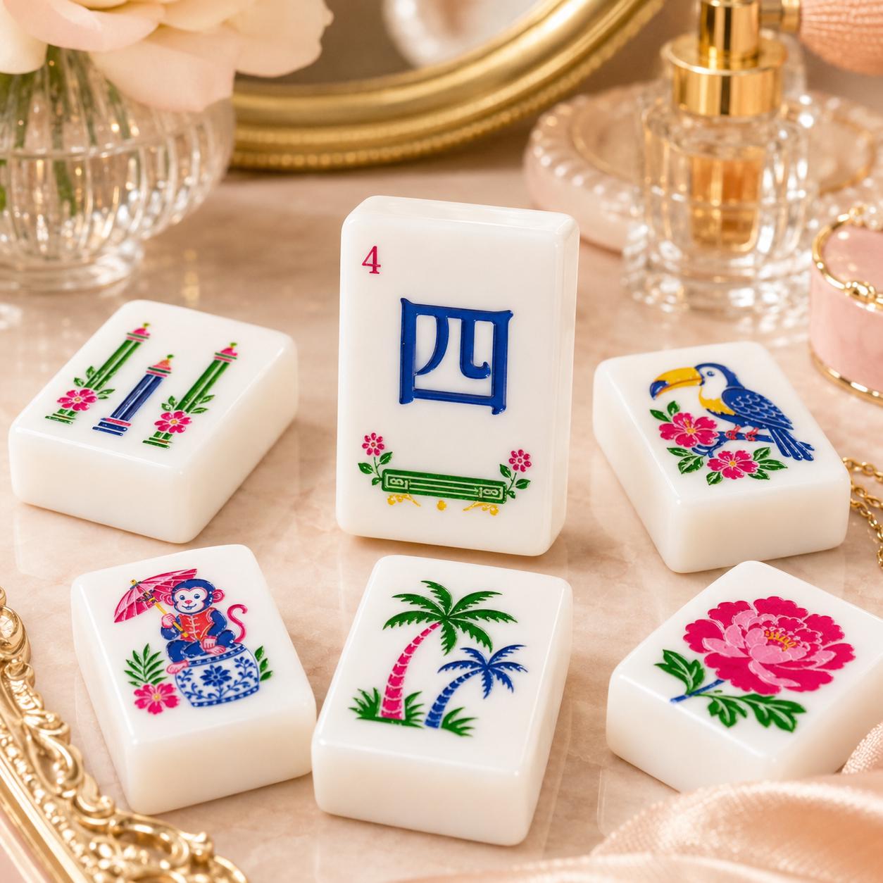 Pink Chinoiserie Mahjong Tiles 1.4"x1.0"x0.6", American Mahjong Set, Blue White Floral Acrylic Tiles, Luxury Mahjong Gif
