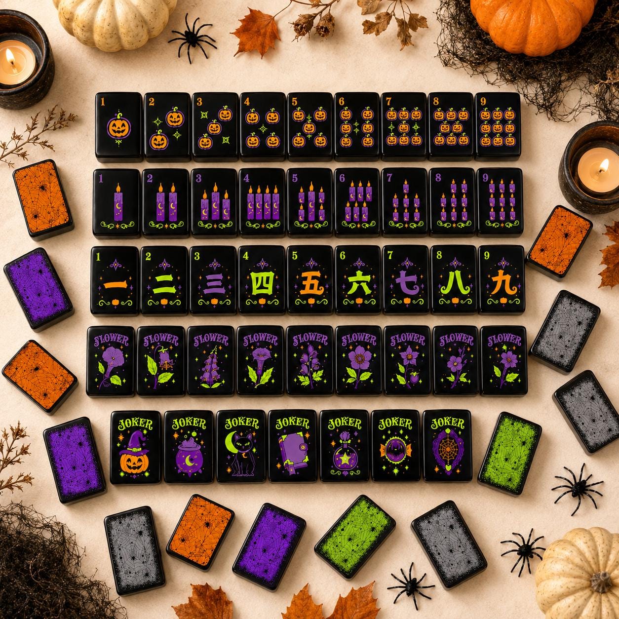 Halloween Mahjong Tiles Set, Spooky Acrylic Mahjong Tiles, Black Halloween American Mahjong Set, Witchy Pumpkin Mahjong