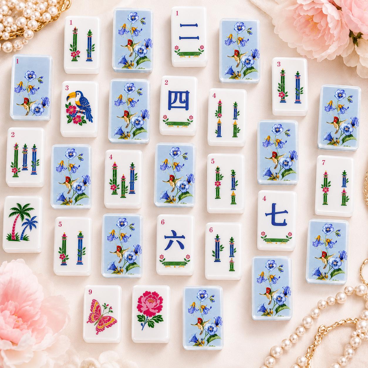Blue Hummingbird Floral Mahjong Tiles Set, Elegant American Mah Jongg Game Set, 1.4 x 1.0 x 0.6 in 160pc Acrylic Mahjong
