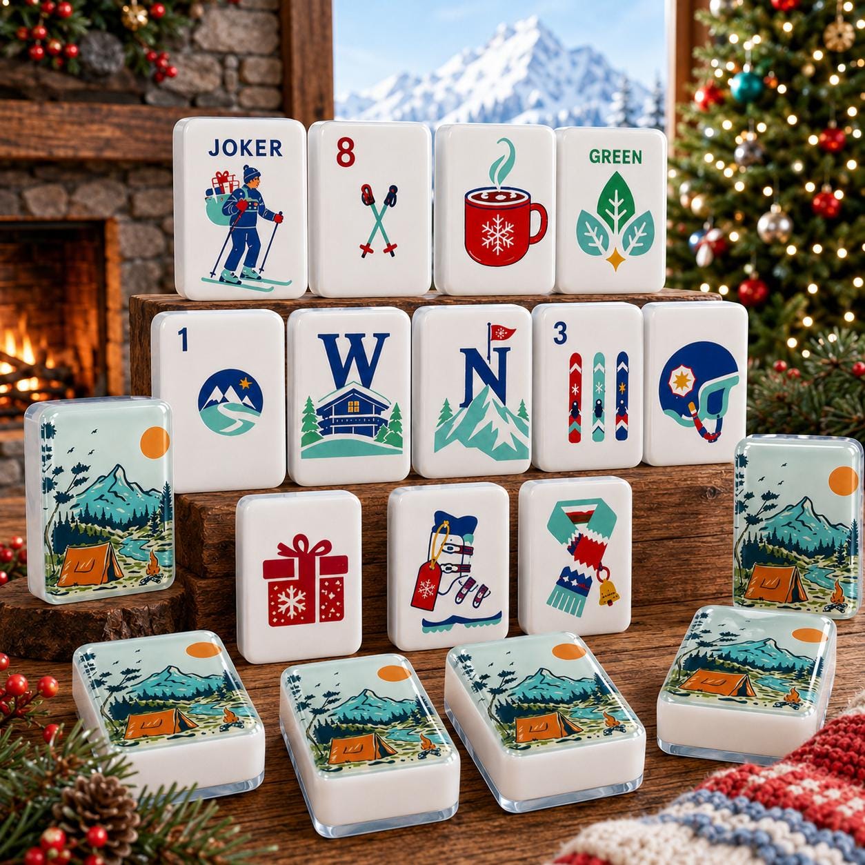 Ski Camping Mahjong Tiles Set, Winter Outdoor American Mah Jongg Set, Acrylic Mahjong Tiles, Adventure Camp Design - 4