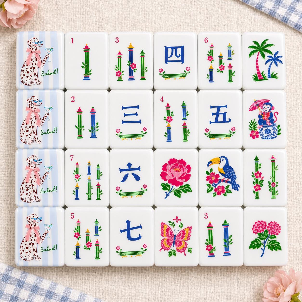 Dalmatian Mahjong Tiles Set, Luxury Acrylic American Mahjong Tiles, Dog Lover Mah Jongg Game Set, Preppy Summer Design,