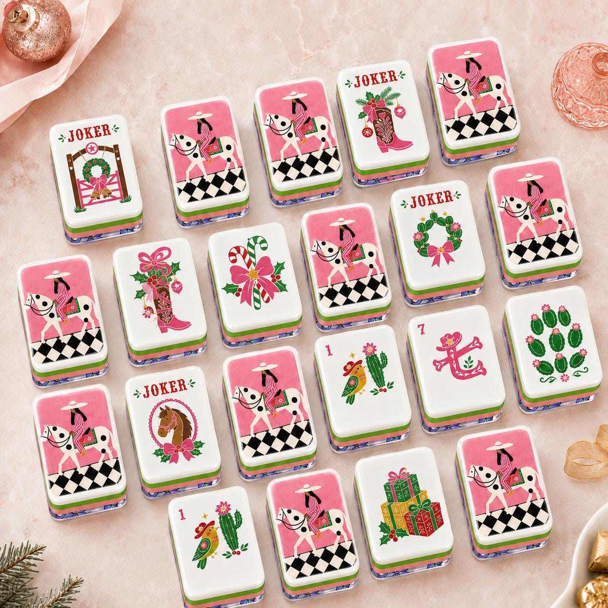 Christmas Western Mahjong Tiles | 1.4"x1.0"xx06" 4-Layered Acrylic American Mahjong Tiles | Holiday Horse & Cactus Desig