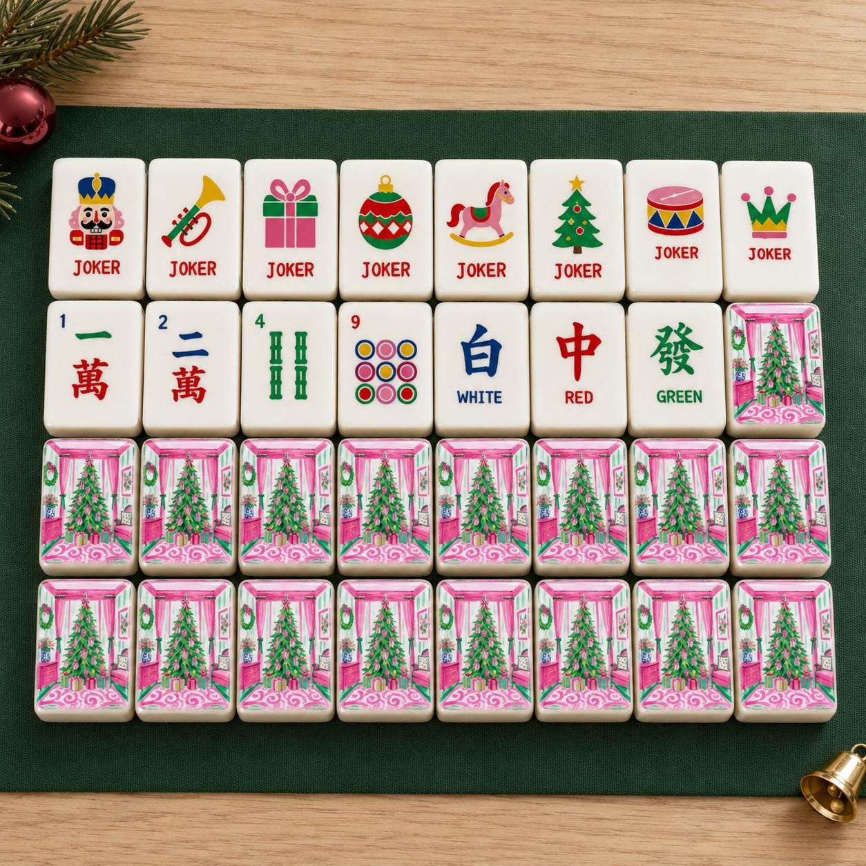 Pink Chinoiserie Christmas Mahjong Tiles Set | 1.4"x1.0"x0.6" Acrylic American Mah Jongg Tiles | 160 pc Holiday Mahjong