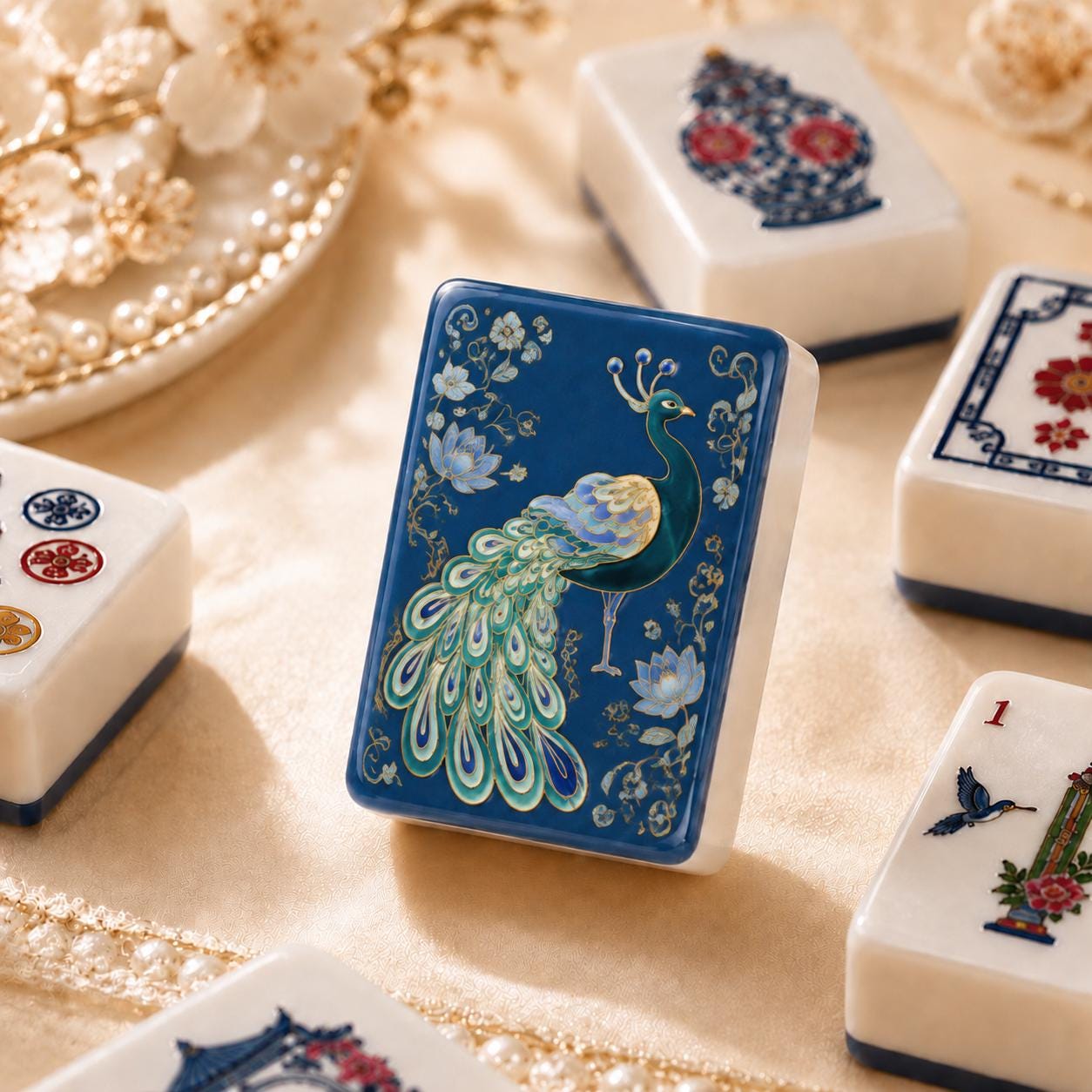 Peacock Mahjong Tiles Set, Blue Chinoiserie Game Set, 1.4"x1.0"x0.6" 160pc Acrylic American Mah Jongg Tiles, Elegant Gif