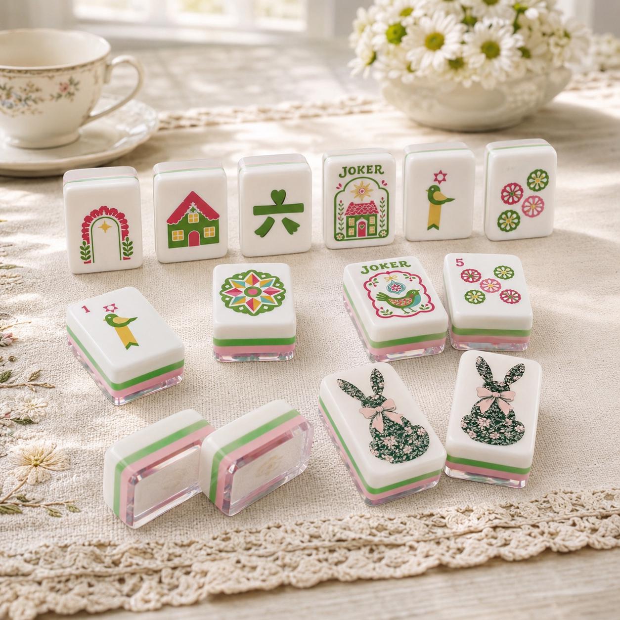 Floral Bunny Mahjong Tiles, Pink Green Rabbit Mahjong Set, Coquette Spring Mahjong Tiles, Cottagecore Mahjong Gift for H