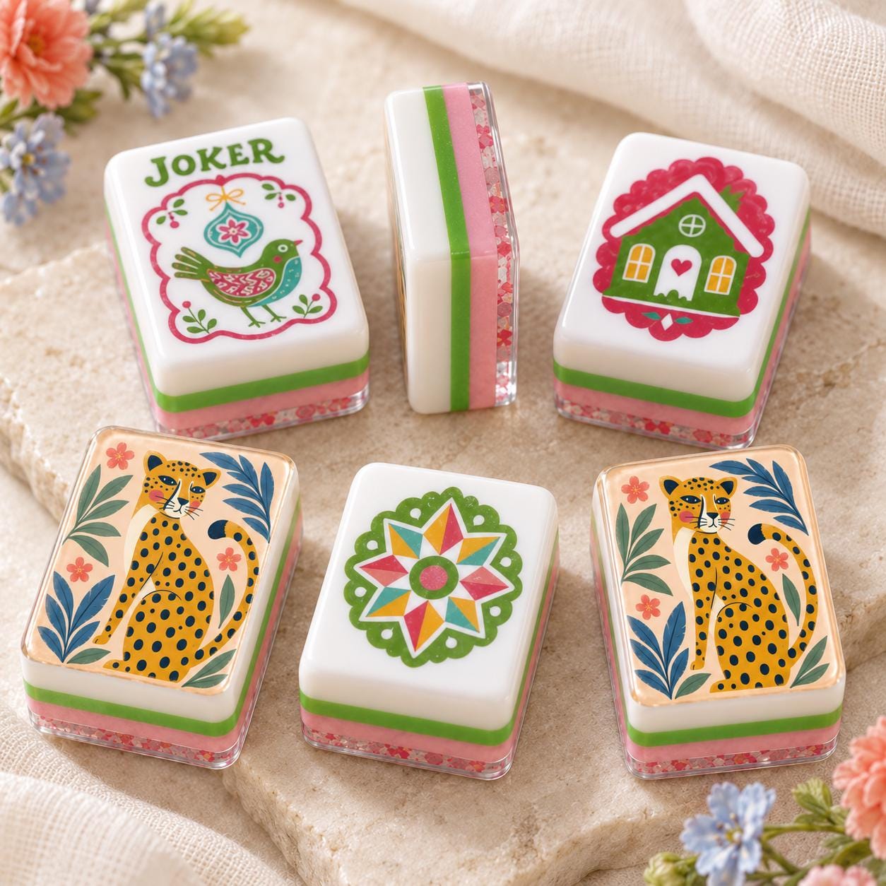 Leopard Mahjong Tiles Set, 4 Layer Acrylic Mahjong Tiles, Colorful Folk Art Jungle Mahjong Set, Pink Green Mahjong Tiles