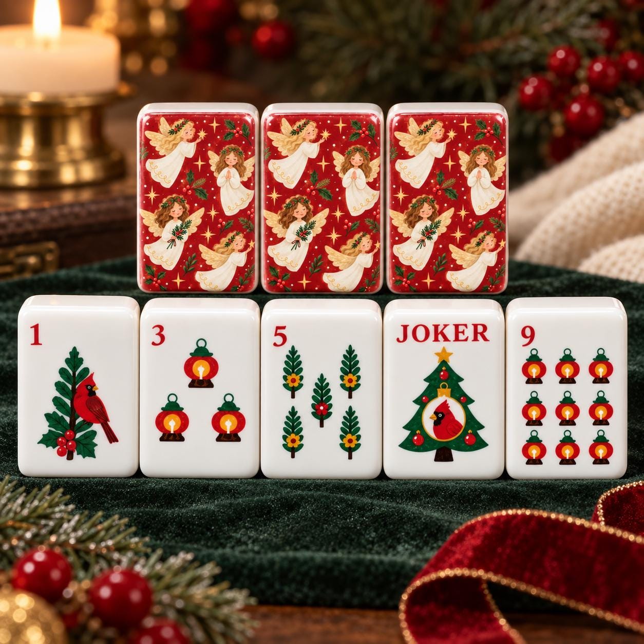 Christmas Angel Mahjong Tiles, 1.4" Cardinal Joker Mahjong Set, Red Holiday Mah Jongg Tiles, Vintage Christmas Mahjong G