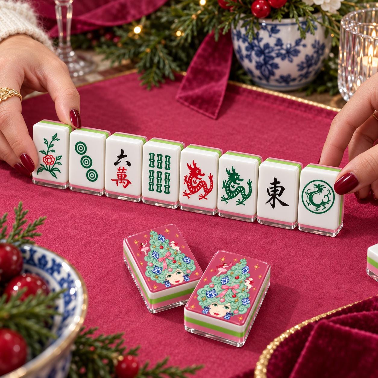 Pink Chinoiserie Christmas Mahjong Tiles, 4-Layered Holiday Mahjong Set, Ginger Jar Christmas Tree Tiles, Preppy America