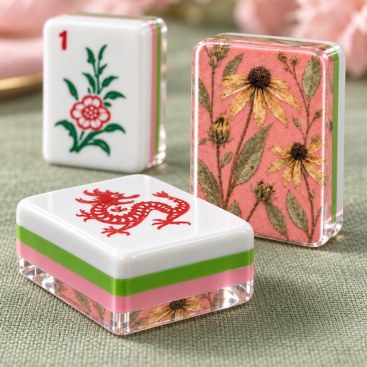 Pressed Flower Mahjong Tiles, 4-Layered Acrylic American Mahjong Set, Pink Botanical Tile Set, Floral Mahjong Gift, Host