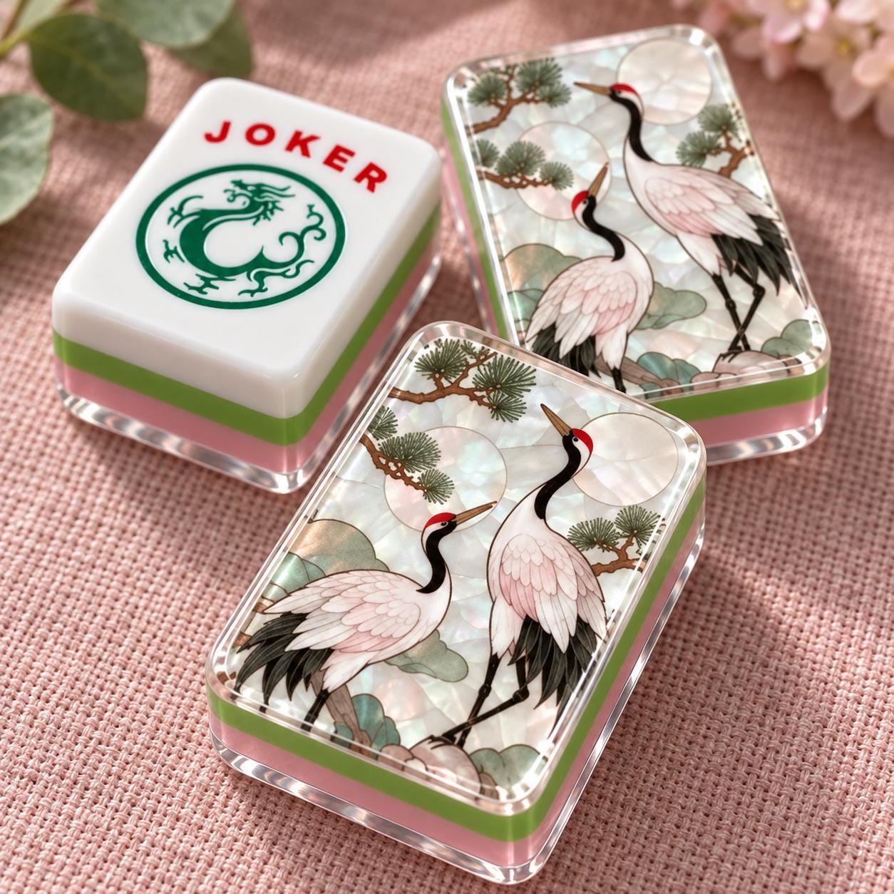 Crane and Pine Mahjong Tiles, 4-Layer American Mahjong Set, Faux Mother of Pearl Design, Pink and Green Chinoiserie, Hos