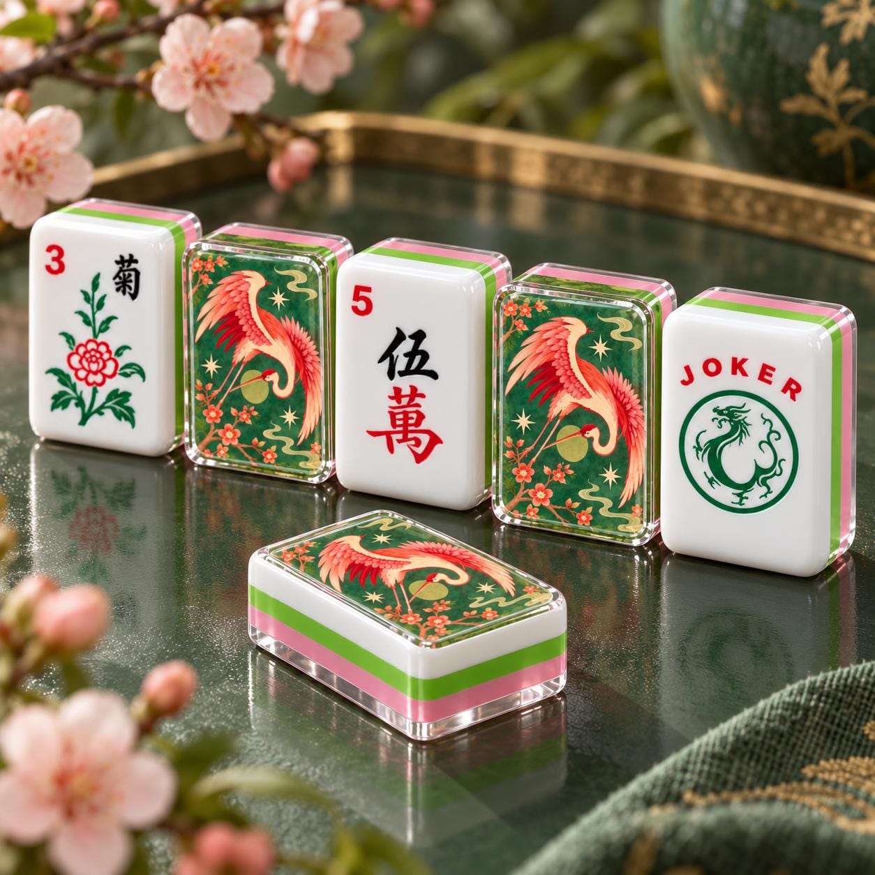Crane Cherry Blossom Mahjong Tiles, Pink Green Chinoiserie 4-Layer American Mahjong Set, Mahjong Gift for Her - 4