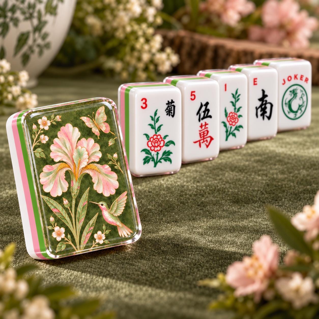 Green Floral Mahjong Tiles, Pink Green Iris Hummingbird Mahjong Set, 4-Layer Acrylic Mahjong Tiles, Mahjong Gift for Her