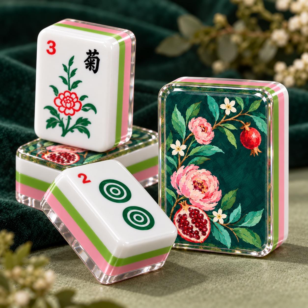 Pomegranate Floral 4-Layer Mahjong Tiles, Fall Botanical American Mahjong Set, Pink Green Acrylic Mahjong Tiles, Mahjong