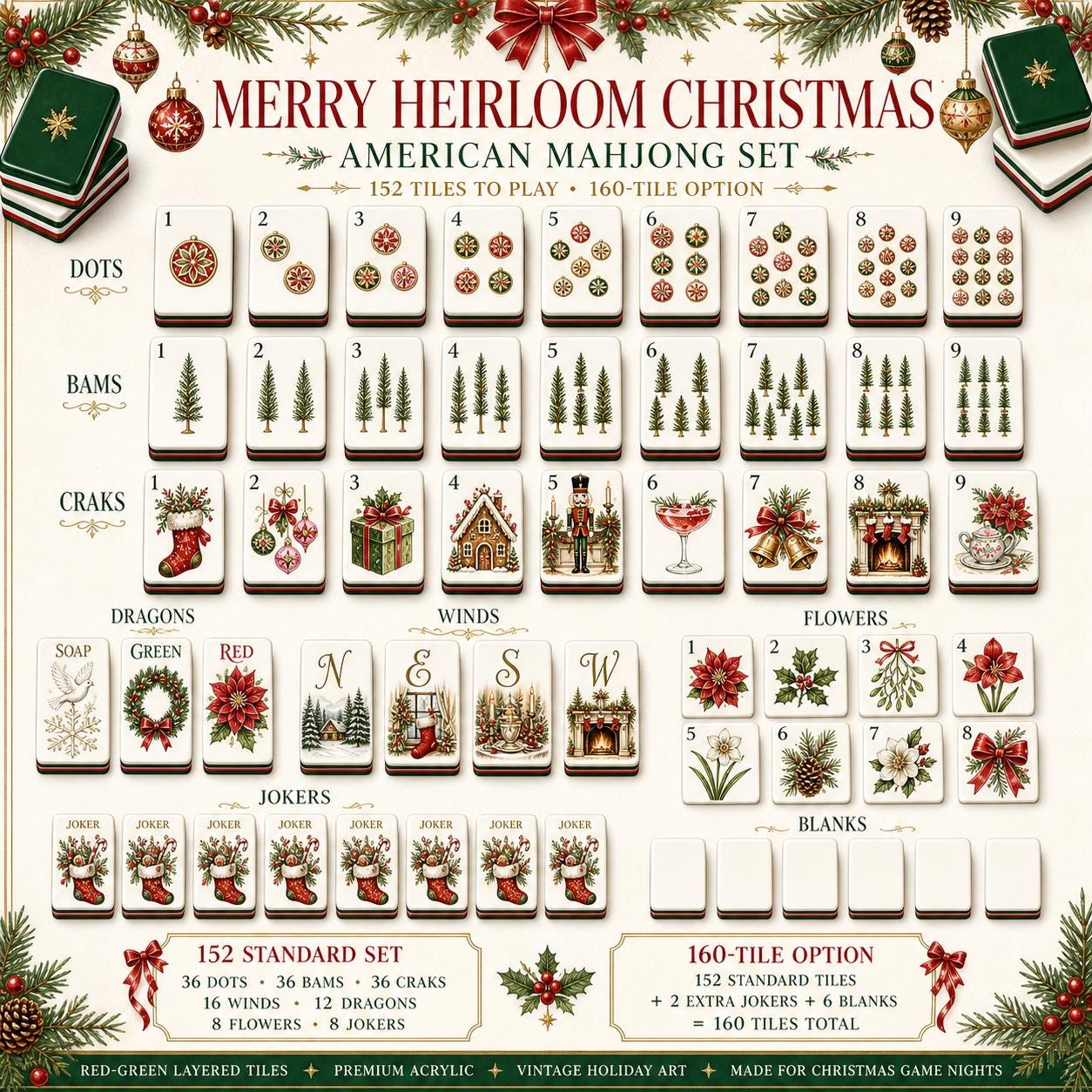 Festive Christmas American Mahjong, Holiday Stocking Nutcracker Fireplace Set, New Year Gift, Cozy Winter Game Tiles, Be