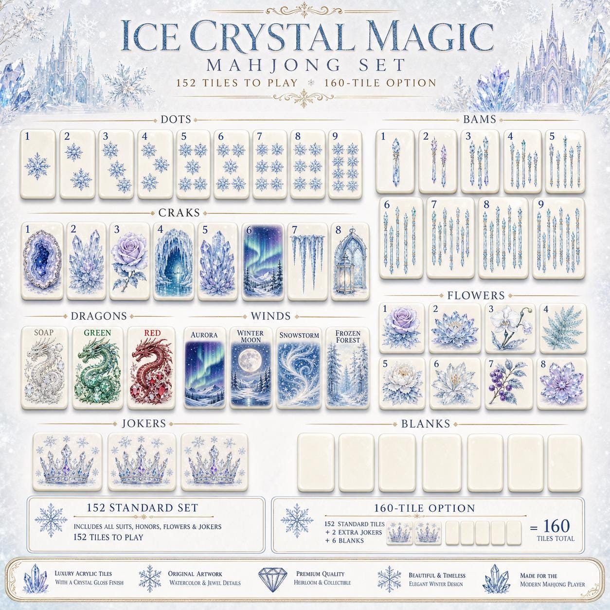 Snow Magic Winter Mahjong Set, American Style Ice Crystal Tiles, Frozen Aurora Geode Rose Castle Art, Holiday Game Night