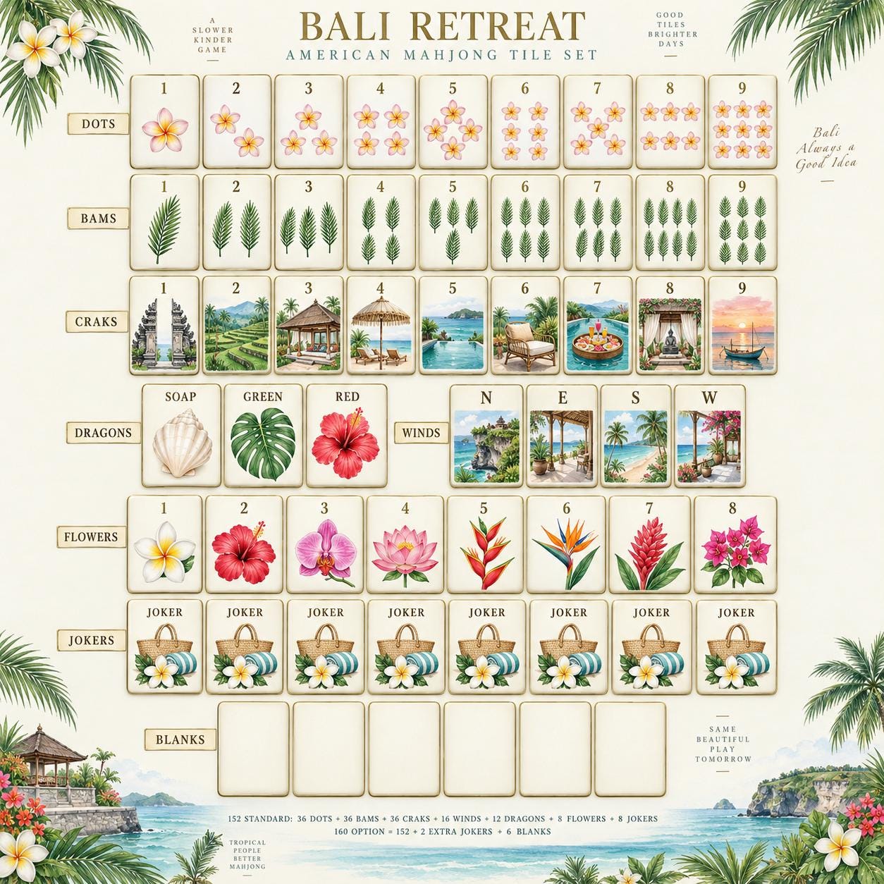 Bali American Mahjong Tiles, Tropical Resort & Retreat Set, Wellness Retreat Vacation Tiles, Plumeria Shell Temple Art -