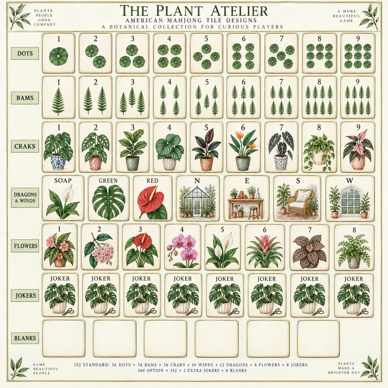Botanical Workshop American Mahjong, Travel Mahjong Set with Potted Plant Pattern, Plant Lover Gift, Monstera Anthurium
