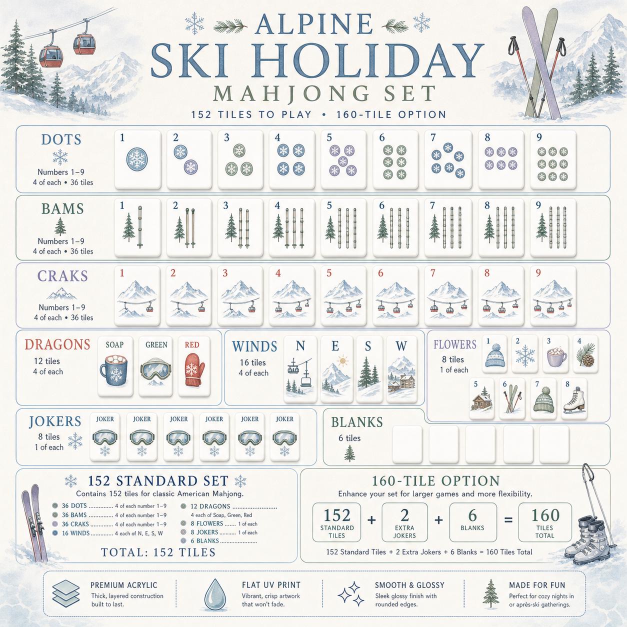 Winter Wonderland Mahjong Set, Custom Ski Resort Tiles with Snowflakes, Skiers, Gift For Mahjong Enthusiasts, Housewarmi