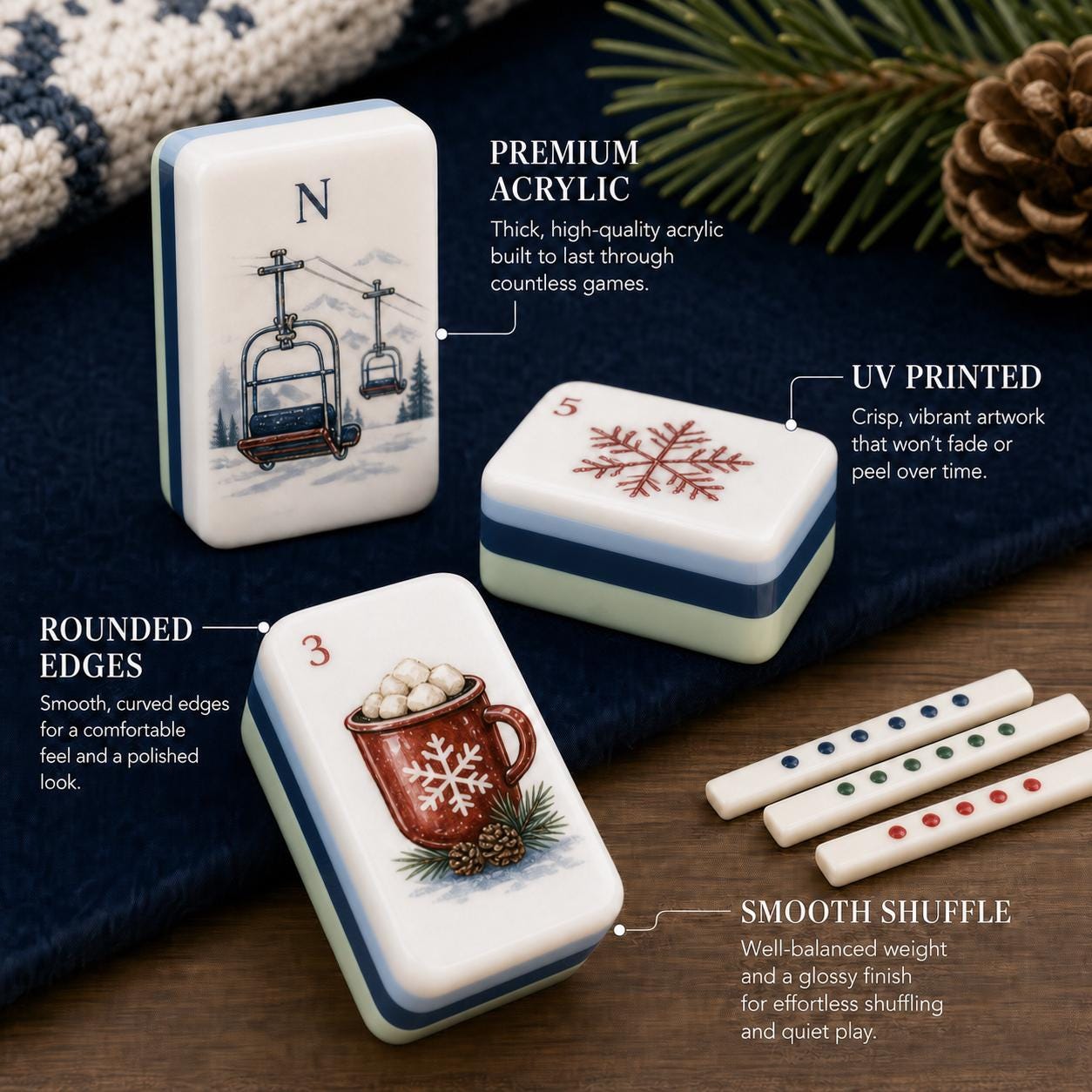 Winter Ski Resort American Mahjong Set, Cozy Alpine Themed Tiles, Mountain Cabin & Pine Trees, Holiday Gathering, Family